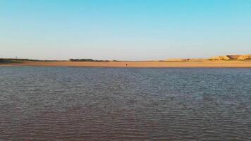 The drone shoots a man walking along a dried lake video