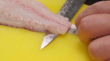 The chef cuts the fish into slices on a board video