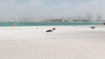 brumoso día en dubai playa, dos hombres son en pie cerca negro coche video