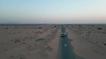 uma zangão moscas de dois caro carros dirigindo em a esvaziar estrada entre a areias do a deserto video