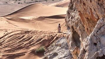 A man in shaman's clothes walks on the sand of the desert with a staff in his hands video