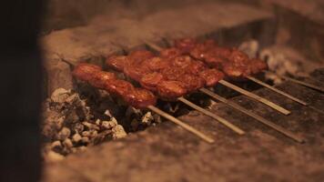 A man's hand flips skewers with barbecue roasting on the grill video