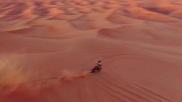 A motorcyclist on a sports motorcycle rides through the sand dunes of the desert in the United Arab Emirates video