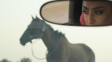 el reflexión de un joven mujer cara en el vista trasera espejo de un costoso Deportes auto, mirando a un rojo caballo en pie en el la carretera en frente de su video