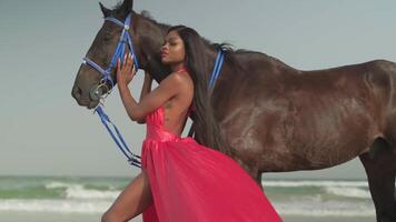 un joven moreno mujer en un rojo vestir soportes siguiente a un caballo en el Oceano costa. video