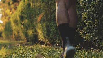 Athletic runner doing stretching exercise, preparing for running in the nature with the city in background. Healthy lifestyle video