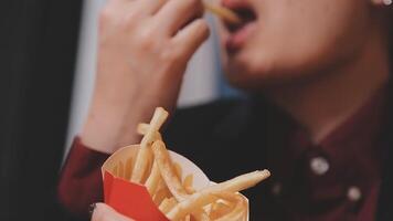 avvicinamento Immagine di un' donna Tenere e mangiare francese patatine fritte e Hamburger con fritte pollo su il tavolo a casa video