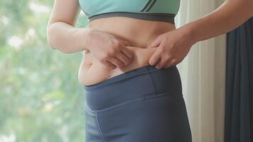 Frauen Körper Fett Bauch. fettleibig Frau Hand halten übermäßig Bauch fett. Diät Lebensstil Konzept zu reduzieren Bauch und gestalten oben gesund Bauch Muskel. video