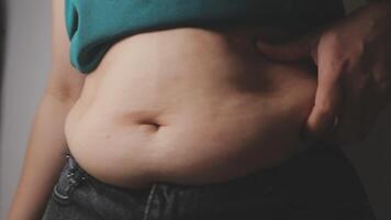 Frauen Körper Fett Bauch. fettleibig Frau Hand halten übermäßig Bauch fett. Diät Lebensstil Konzept zu reduzieren Bauch und gestalten oben gesund Bauch Muskel. video