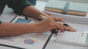 Audit concept,Administrator business man financial inspector and secretary making report calculating balance. Internal Revenue Service checking document. video