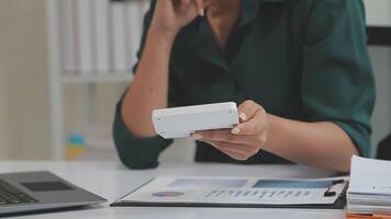 Audit concept,Administrator business man financial inspector and secretary making report calculating balance. Internal Revenue Service checking document. video