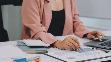 Audit concept,Administrator business man financial inspector and secretary making report calculating balance. Internal Revenue Service checking document. video