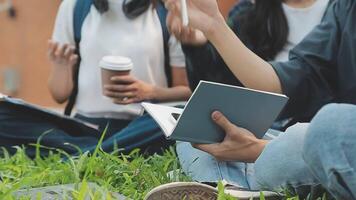 grupo do feliz jovem ásia Faculdade alunos sentado em uma banco, olhando às uma computador portátil tela, discutindo e debate em seus escola projeto junto. video