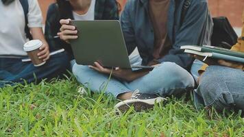 grupo do feliz jovem ásia Faculdade alunos sentado em uma banco, olhando às uma computador portátil tela, discutindo e debate em seus escola projeto junto. video