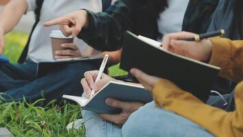 groep van gelukkig jong Aziatisch college studenten zittend Aan een bank, op zoek Bij een laptop scherm, bespreken en brainstorming Aan hun school- project samen. video