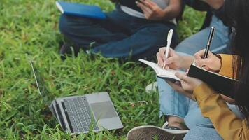 Group of happy young Asian college students sitting on a bench, looking at a laptop screen, discussing and brainstorming on their school project together. video