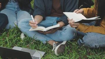 grupp av Lycklig ung asiatisk högskola studenter Sammanträde på en bänk, ser på en bärbar dator skärm, diskuterar och brainstorming på deras skola projekt tillsammans. video