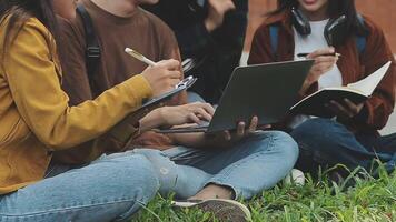 grupp av Lycklig ung asiatisk högskola studenter Sammanträde på en bänk, ser på en bärbar dator skärm, diskuterar och brainstorming på deras skola projekt tillsammans. video