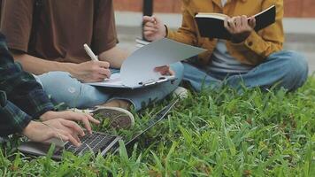 gruppo di contento giovane asiatico Università studenti seduta su un' panca, guardare a un' il computer portatile schermo, discutere e di brainstorming su loro scuola progetto insieme. video