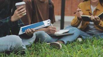 grupo do feliz jovem ásia Faculdade alunos sentado em uma banco, olhando às uma computador portátil tela, discutindo e debate em seus escola projeto junto. video