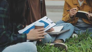 Gruppe von glücklich jung asiatisch Hochschule Studenten Sitzung auf ein Bank, suchen beim ein Laptop Bildschirm, diskutieren und Brainstorming auf ihr Schule Projekt zusammen. video