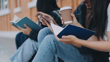 Group of happy young Asian college students sitting on a bench, looking at a laptop screen, discussing and brainstorming on their school project together. video