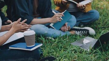 Gruppe von glücklich jung asiatisch Hochschule Studenten Sitzung auf ein Bank, suchen beim ein Laptop Bildschirm, diskutieren und Brainstorming auf ihr Schule Projekt zusammen. video