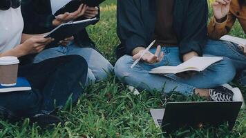 grupp av Lycklig ung asiatisk högskola studenter Sammanträde på en bänk, ser på en bärbar dator skärm, diskuterar och brainstorming på deras skola projekt tillsammans. video