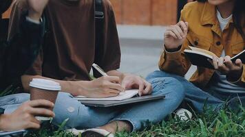 grupo do feliz jovem ásia Faculdade alunos sentado em uma banco, olhando às uma computador portátil tela, discutindo e debate em seus escola projeto junto. video