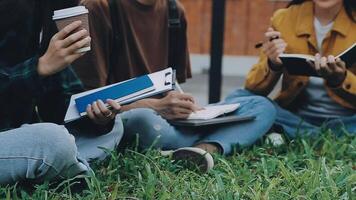 gruppo di contento giovane asiatico Università studenti seduta su un' panca, guardare a un' il computer portatile schermo, discutere e di brainstorming su loro scuola progetto insieme. video