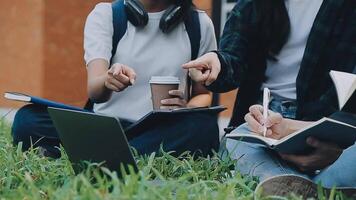 grupo do feliz jovem ásia Faculdade alunos sentado em uma banco, olhando às uma computador portátil tela, discutindo e debate em seus escola projeto junto. video