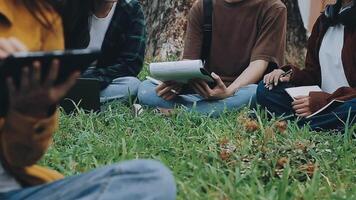groupe de content Jeune asiatique Université élèves séance sur une banc, à la recherche à une portable filtrer, discuter et réflexion sur leur école projet ensemble. video