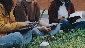 Group of happy young Asian college students sitting on a bench, looking at a laptop screen, discussing and brainstorming on their school project together. video