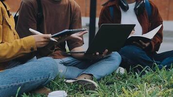 grupo do feliz jovem ásia Faculdade alunos sentado em uma banco, olhando às uma computador portátil tela, discutindo e debate em seus escola projeto junto. video