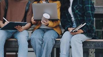 grupp av Lycklig ung asiatisk högskola studenter Sammanträde på en bänk, ser på en bärbar dator skärm, diskuterar och brainstorming på deras skola projekt tillsammans. video