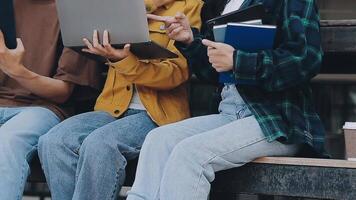 grupo do feliz jovem ásia Faculdade alunos sentado em uma banco, olhando às uma computador portátil tela, discutindo e debate em seus escola projeto junto. video