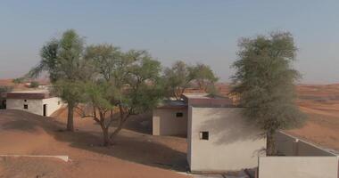 un zumbido capturas un camello caravana en un cubierto de arena pequeño pueblo en el medio de el dubai Desierto video