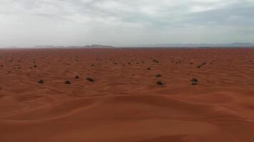 en Drönare flygande över de sand sanddyner av de öken- i dubai på en molnig dag video