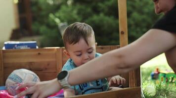 A little boy and his mother are playing with colorful balls in a wooden aviary on the lawn. Summer, sunny day video