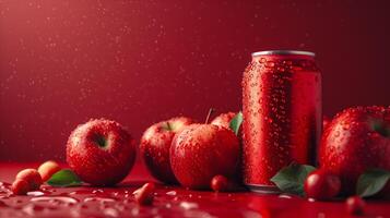 AI generated Chilled aluminum can with refreshing droplets among fruits photo