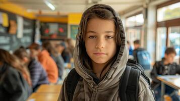 AI generated Young student in hoodie with backpack at school photo