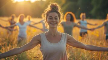 ai generado grupo de amigos disfrutando puesta de sol meditación en un campo foto