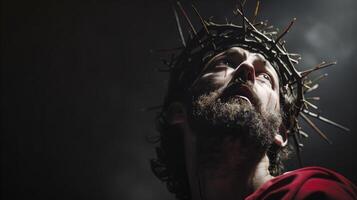 ai generado dramático representación de Jesús Cristo con corona de espinas foto