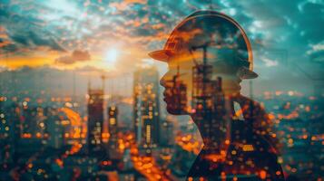 AI generated Double exposure of an engineer with cityscape at sunset photo