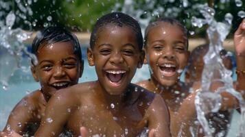 ai generado alegre niños jugando y salpicaduras en piscina agua foto