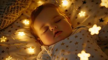 AI generated Sleeping toddler surrounded by fairy lights and comfort photo