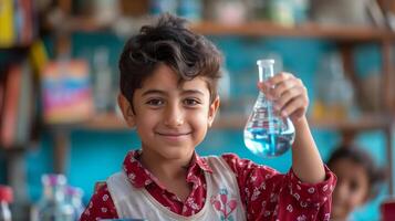 AI generated Curious boy conducting a science experiment at home photo