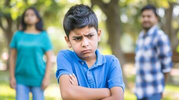 ai generado trastornado chico con brazos cruzado en un familia argumento a parque foto