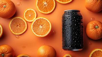 AI generated Black aluminum can with water droplets and oranges photo