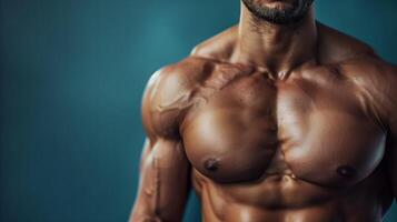 ai generado de cerca de un muscular del hombre torso en contra azul antecedentes foto